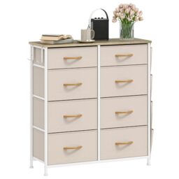DWVO Chest of Drawers with 8 Drawers, Fabric Chest Drawers with Side Pocket&Hooks,Easy Pull Handle,Sturdy Steel Frame for Bedroom,Living Room,Beige