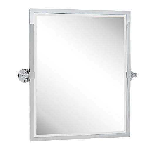 Polished Silver Metal Framed Pivot Rectangle Bathroom Mirror Tilting Beveled Vanity Mirrors for Wall, Overall 23.9 x 24 inches (Mirrror 20 x 24 inches)