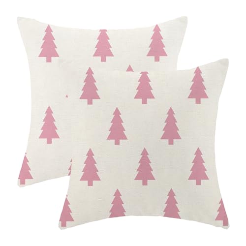 BETGINY Christmas Pillow Covers 18X18 Inch Pack of 2, White Pink Christmas Tree Geometric Decorative Throw Pillow Linen Winter Xmas Pillow Cases Cushion for Bedroom Home Sofa