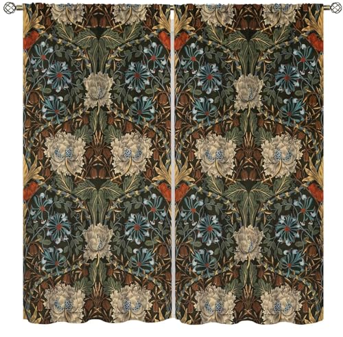 XBDDZSW Vintage Flower Curtains - William Morris Vintage Country Boho Flower Art Pattern Printed Curtains for Bedroom, Living Room, Kitchen - 2 Panels, 84x84in Blackout