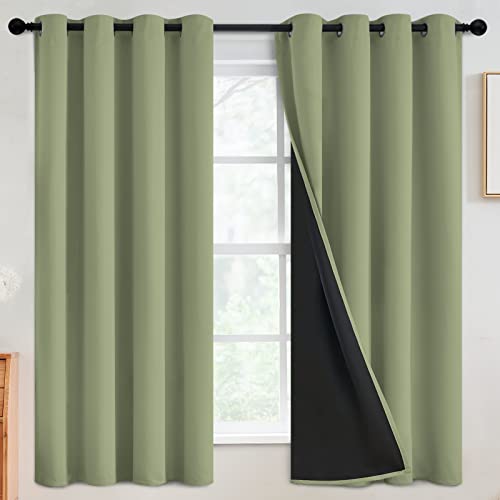 SimpleHome Sage 100% Blackout Curtains Room Darkening Living Room 63 Inch - Curtains for Bedroom,Thermal Insulated Grommet Window Drapes,Curtains for Living Room with Black Back,52 x 63 Inch,2 Panels