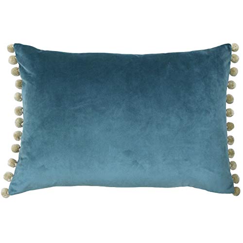 Paoletti Fiesta Rectangular Cushion Cover ??? Faux Velvet with Pompom Edges (Duck Egg/Natural ??? 35 x 50cm)
