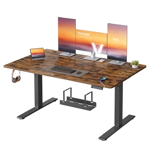 VASAGLE Electric Standing Desk, USB C Port, Cable Tray, Rustic Brown - Height Adjustable Desk, Sedentary Reminder, 3 Memory Heights, 140 x 80 cm, for Home Office, LSD144KD03