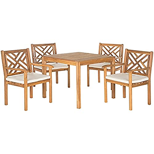 SAFAVIEH Wooden Outdoor Dining Set - Set of 5, Patio Table and Chairs, in Natural and Beige
