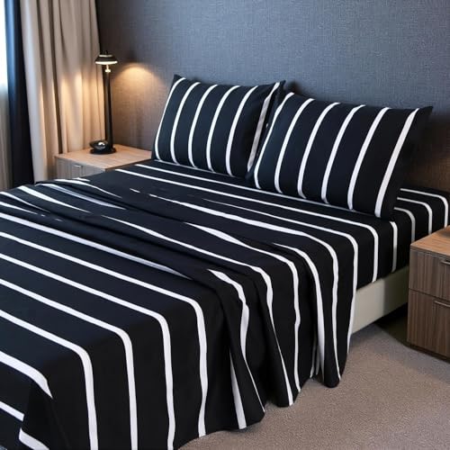 MAG 4Pcs Queen Black and White Simplicity Striped Sheets Set,Gingham Sheets,Deep Pocket Queen Sheets,Hotel Quality Set,Soft and Breathable,Wrinkle and Fade Resistant.
