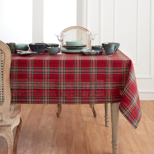 Solino Home 100% Linen Tablecloth Red, Classic Tartan Plaid 60 x 144 in - Table Cloth for dining tables, celebrations and entertaining - woven plaid, mitered corners - Pure Linen - OEKO-TEX Certified