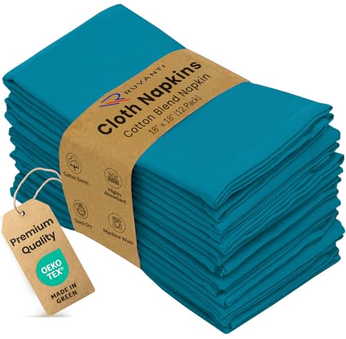 Ruvanti Cloth Napkins 12 Pack 18X18 Inch Dinner Table Napkins, Soft, Comfortable Cotton Enrich, Teal Napkins, Washable & Reusable Linen Napkins for Christmas, Dinner, Weddings, Bar, Cocktail Party.