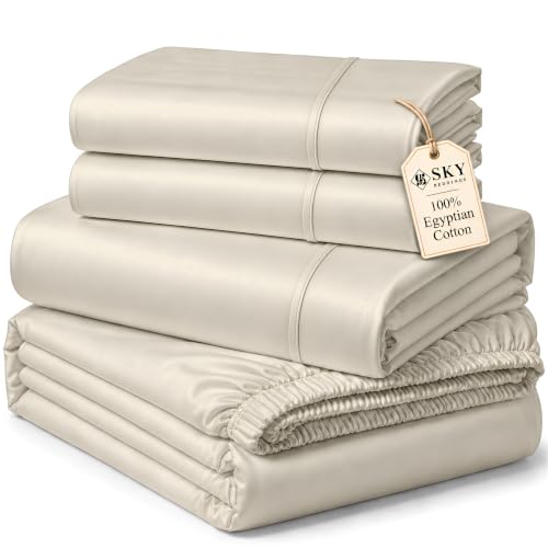"SKY BEDDINGS Luxury Full Sheets Set - 100% Cotton Sheets for Full Size Bed - 600 Thread Count Full Bed Sheets Set with 16"" Deep Pocket - Soft, Cooling Sateen Weave 4 Piece Full Size Sheet Set - Ivory"