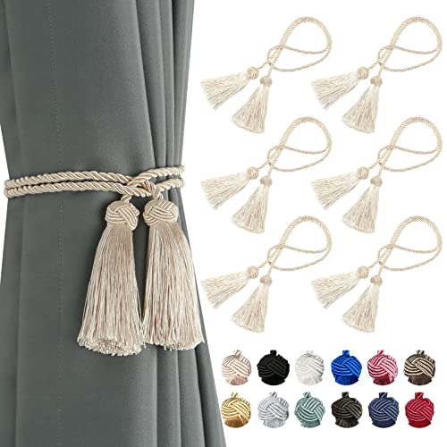 BEL AVENIR 6 Pack Curtain Handmade Tiebacks Decorative Curtain Holdbacks with Tassel (Beige, 6 Pack)