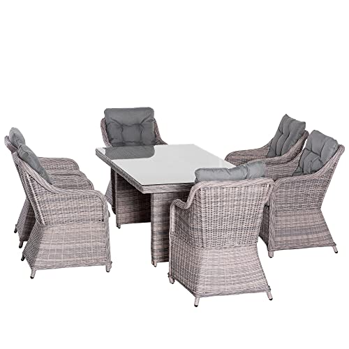 Outsunny 7 Pieces Patio Wicker Rectangular Garden Dining Set, Outdoor Mixed Round & Half-round PE Rattan Aluminum Conversation Furniture Sets w/Tempered Glass Table & Padded Cushion, Grey
