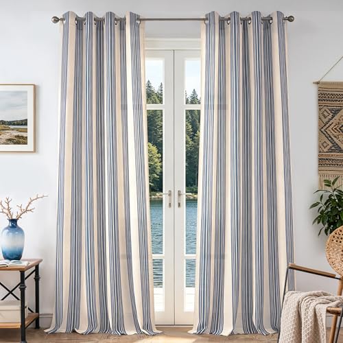 DriftAway Farmhouse Vertical Striped Linen Blend Textured Light Filtering Semi Sheer Curtains for Living Room Bedroom 120 Inches Long Drapes 2 Panels Broad Striped Jean Navy