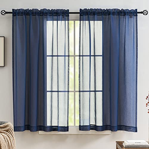 "MYSTIC-HOME Sheer Curtains Navy Blue 45 Inches, Rod Pocket Voile Drapes Treatments Semi Crinkle Curtain Panels Set of 2, Navy Blue, 52"" Wx45 L"