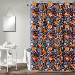 "Lush Decor Pixie Fox Shower Curtain, 72"" W x 72"" L, Navy - Whimsical Floral & Fox Pattern - Fun Kids Shower Curtain - Woodland Kids Bathroom Decor"