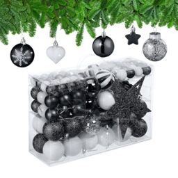 Relaxdays Christmas Baubles Set of 101, Glittering, Tree Decorations, Spheres & Spikes, Plastic, Traditional, Black, 19 x 20 x 2.5 cm