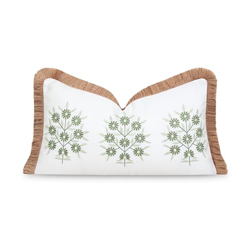"Hofdeco Premium Coastal Patio Indoor Outdoor Lumbar Pillow Cover Only, 12""x20"" Water Repellent for Backyard, Couch, Green Embroidered Floral with Fringe"