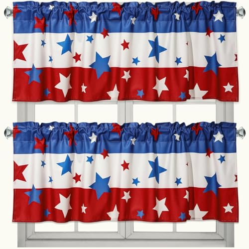 GlikCeil 2 Pack Patriotic Curtain Valance for Windows 4th of July Independence Day Valances Red White Blue Star Rod Pocket Short Curtain Window Treatments for Home Kitchen Windows Decor 54 x 18 Inch