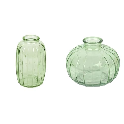 Green Glass Bud Vase 12cm & Green Glass Round Vase 8cm Flower Display Bundle