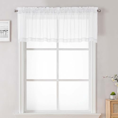 "Lecloud Sheer White Valances for Windows 18 Inch Length 2 Pcs, Cafe Kitchen Curtains for Bedroom Living Room, Short Curtains for Small Windows with Dual Rod Pocket Home Decor, 42"" W x 18"" L"