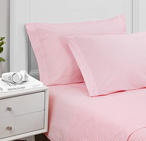 Poppy & Fritz - Twin Sheet Set, Cotton Percale Bedding Set, Crisp & Cool, Stylish Home Decor (Oxford Stripe Pink, Twin)