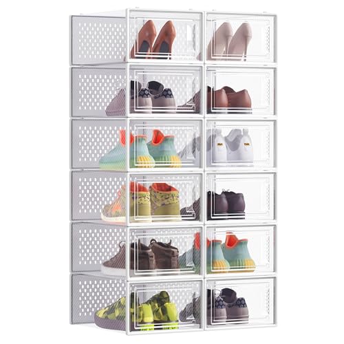 SONGMICS Pack of 12 Stackable Shoe Boxes, Foldable, Fit up to UK Size 8 - Shoe Storage Organisers, Versatile for Sneakers, Cloud White, DENNYS Collection LSP12SWT
