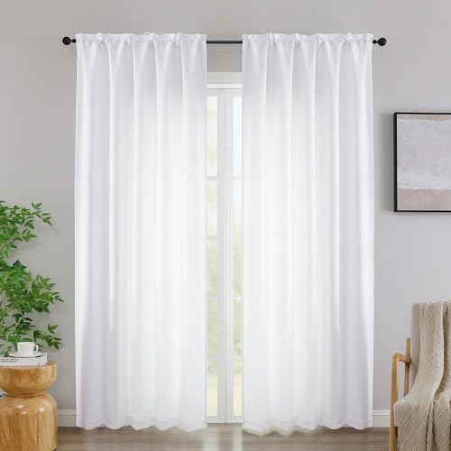 "Simplebrand White Linen 90 Inch Curtains 2 Panels, Faux Linen Textured Semi Light Filtering Farmhouse Curtains & Drapes, Soft Airy Slub Window Curtains for Living Room Bedroom, Each 52"" Wx90 L"