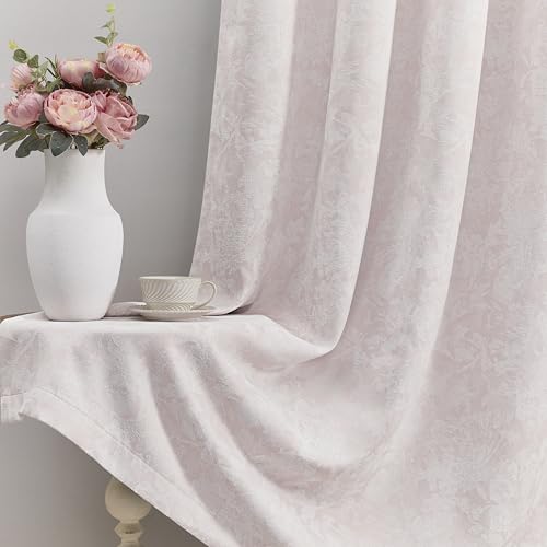 Beauoop Pink Floral Jacquard Blackout Curtains for Bedroom 52x84 2 Panels - Flower Chenille Room Darkening Drapes for Living Room 84 Inch Long Thermal Insulated Soundproof Window treatment Rod Pocket