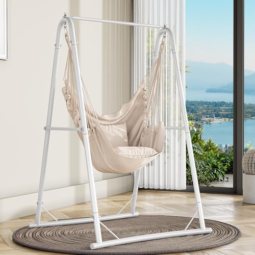 YITAHOME Hammock with Stand, Max. load 150 kg, Hammock Stand with Hanging Swing, 105x93x160 cm, Sturdy Steel Frame, Swing Chair with 2 Cushions and 1 Side Pocket for Patio, Balcony and Garden, White