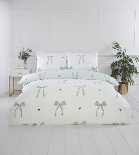 Rapport Home Printed Reversible Microfibre Bedding King Duvet Cover Set Bows Green – Cute Pattern Quilt Cover with Pillowcases