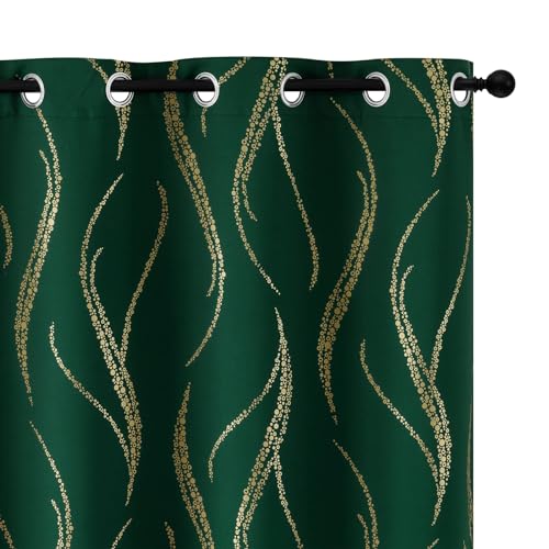 Yakamok Blackout Curtains 72 inch Length Living Room Thermal Insulated Gold Wave Line Dots Pattern Curtains Room Darkening Grommet Curtains for Bedroom, Emerald Green, W42 x L72-inch, 2 Panels