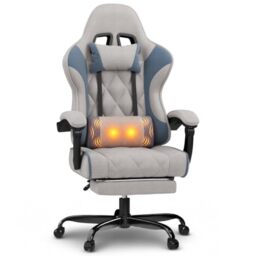 JUMMICO Fabric Gaming Chair with Footrest – Ergonomic Reclining Gamer Chair for Adults with Pocket Spring Cushion, Headrest & Massage Lumbar Support, Blue