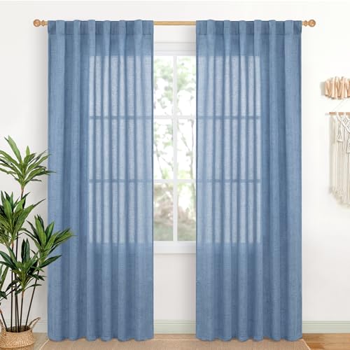 YoungsTex Light Blue Linen Curtains 80 Inch Length for Living Room, Semi Sheer Drapes Light Filtering with Rod Pocket Back Tab for Bedroom Dining Room Privacy, 2 Panels, 52 X 80 Inch