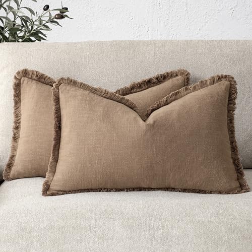 Foindtower Set of 2 Soft Decorative Linen Cushion Covers with Fringe, Boho Style Cushion Covers with Tassels for the Sofa, Bed, Living Room, Home Decor, 30 x 51 cm,