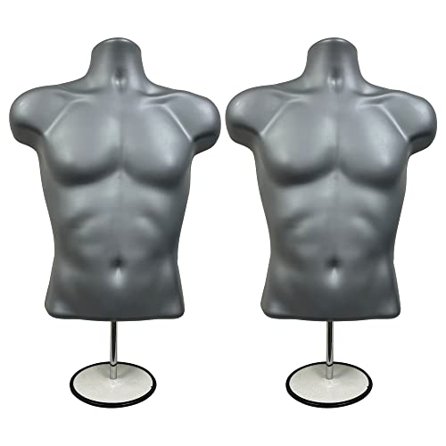 DisplayTown Male Mannequin Torso with Metal Stand Hollow Back Body Stackable Dress Form for Tshirt Display, Countertop, Craft Shows, Photos and Design, S-M Clothing Size (Gray, Set of 2)