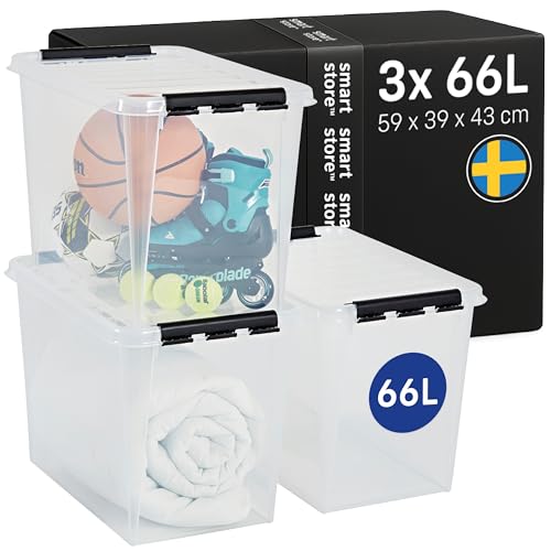 SmartStore Storage Boxes with Lids - 3x 66L box - 59x39x43cm, black clips - Stackable plastic storage box with lid for garage & loft - big clear food-safe plastic boxes for shelves - crates, tubs, bins