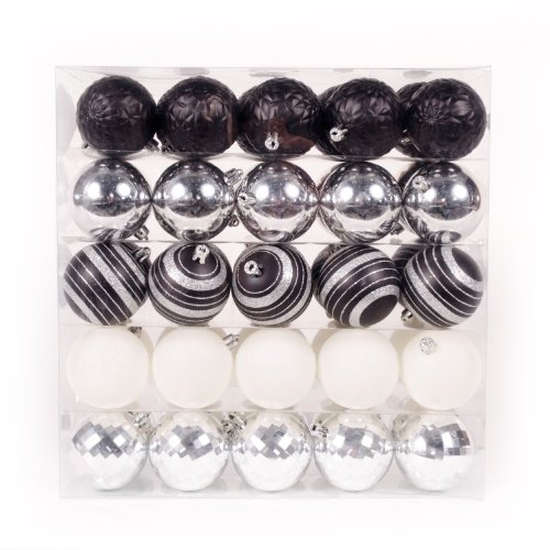 WeRChristmas 50-Piece Deluxe Variety Christmas Tree Baubles Decoration Pack, Black/Silver