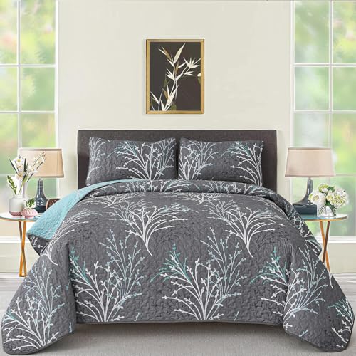 Queen Size Quilt Set Grey Blue Reversible Bedspread Bedding Set, 3 Piece Branch Floral Lightweight Microfiber Coverlet with Pillowcases Gray Botanical Quilted Bedding Set for All Season (96''x90'')