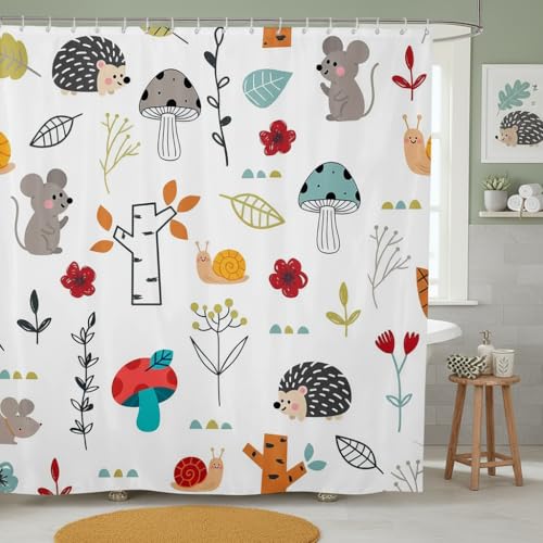 Homewish Cartoon Hedgehog Snail Shower Curtain Cute Mushroom Berry Trees Flowers Bathroom Curtain Kids Boys Girls Teens Room Decor Wild Animals Plants Waterproof Curtain Colorful Nature Bath Curtain