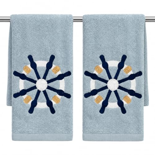 Serafina Home Coastal Nautical Ocean Embroidered Navy White Fingertip Towels, Captains Ship Wheel, Set of 2, 12 x 18 inches, 100% Cotton,
