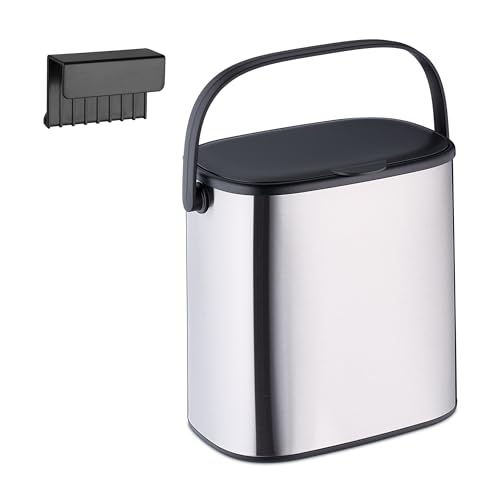 Relaxdays Hanging Kitchen Waste Bin, Vol. 5L, Rubbish Container, Lid & Handle, Plastic, Dustbin, 23 x 25 x 16 cm, Silver, Coco, 40 x 4.5 x 4.5 cm