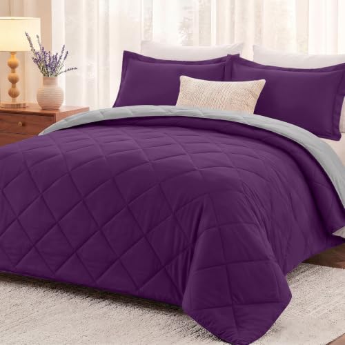 "downluxe California King Comforter Set - Purple and Grey Cal King Comforter Set, Soft Bedding Sets for All Seasons - 3 Pieces - 1 Comforter (104""x96"") and 2 Pillow Shams(20""x36"")"