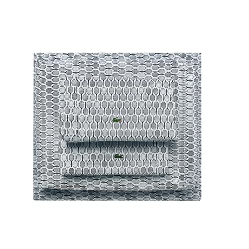 Lacoste Racquets 100% Percale Cotton 4-Piece Sheet – Cool, Crisp, Matte, and Durable, Oeko-Tex Certified – Print, Navy, King