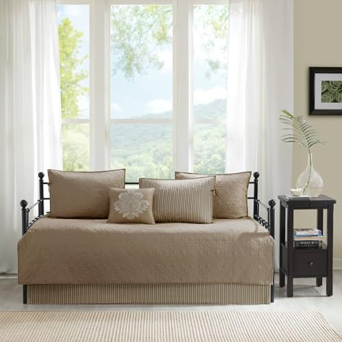 Madison Park Quebec Daybed Size Quilt Bedding Set - Khaki, Damask – 6 Piece Bedding Quilt Coverlets – Ultra Soft Microfiber Bed Quilts Quilted Coverlet