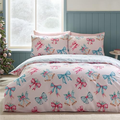 Catherine Lansfield Christmas Bows And Bells Reversible King Duvet Cover Set with Pillowcases Pink
