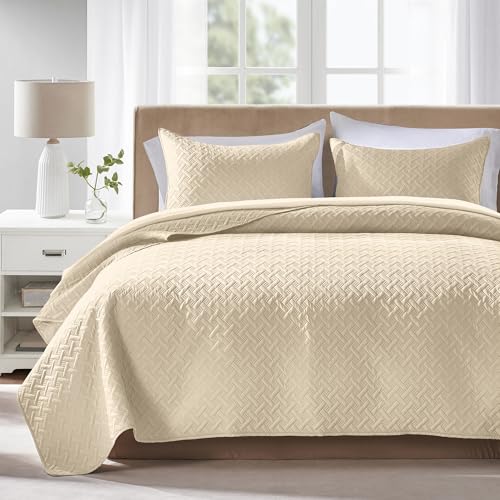 FLYMME Beige Full/Queen Quilt Bedspreads, 3 Pieces Lightweight Bedding Sets with Pillow Shams, Microfiber Quilted Comforter Coverlet for All Season (1 Quilt, 2 Shams)