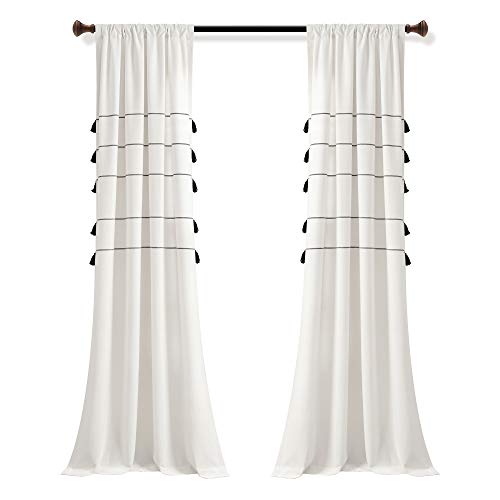 "Lush Decor Farmhouse Boho Stripe Woven Tassel Yarn Dyed Cotton Window Curtain Panel Pair, 42"" x 84"", Ivory & Black"