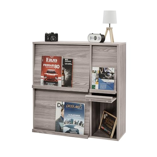 Iris Ohyama, Furniture, Shelf, Storage Bookcase, with 4 Flip Doors, Wood, Elegant, Magazine Cabinet, for Bedroom, Living Room, Dining Room, Grey Oak, Flap Rack FR-F4