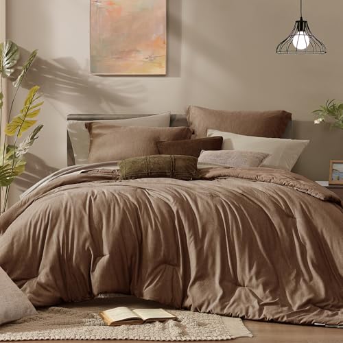 Monbix King Size Comforter Set 7 Pieces Brown Cationic Dyeing Bed in a Bag - Lightweight Reversible All Season Bedding Sets with Comforter, Sheets, Pillowcases & Shams