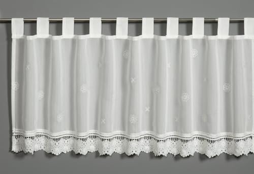 Gardinia Batiste Bistro Curtain with Floral Embroidery and Lace Trim, White, 135 x 48 cm