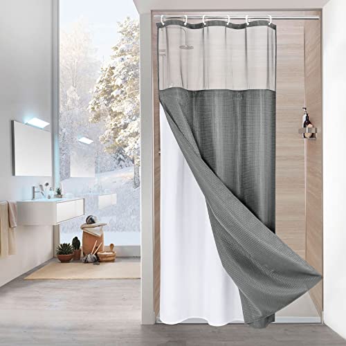 MitoVilla Grey Small Stall Shower Curtain 36 x 72, Narrow Half Size Weave Fabric Shower Curtain Set with Waterproof Snap-in Liner for Modern Neutral Hotel Bathroom Decor