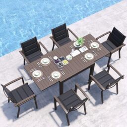 JUMMICO Garden Table and Chairs Set, Extendable Table + 6 Stackable Textilene Chairs, Aluminium Frame Space-Saving Outdoor Dining Set for Patio & Garden ??? Brown